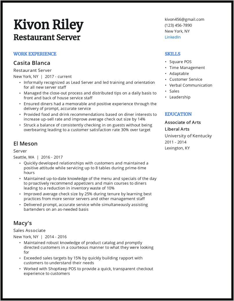 Job Duties For Server Resume