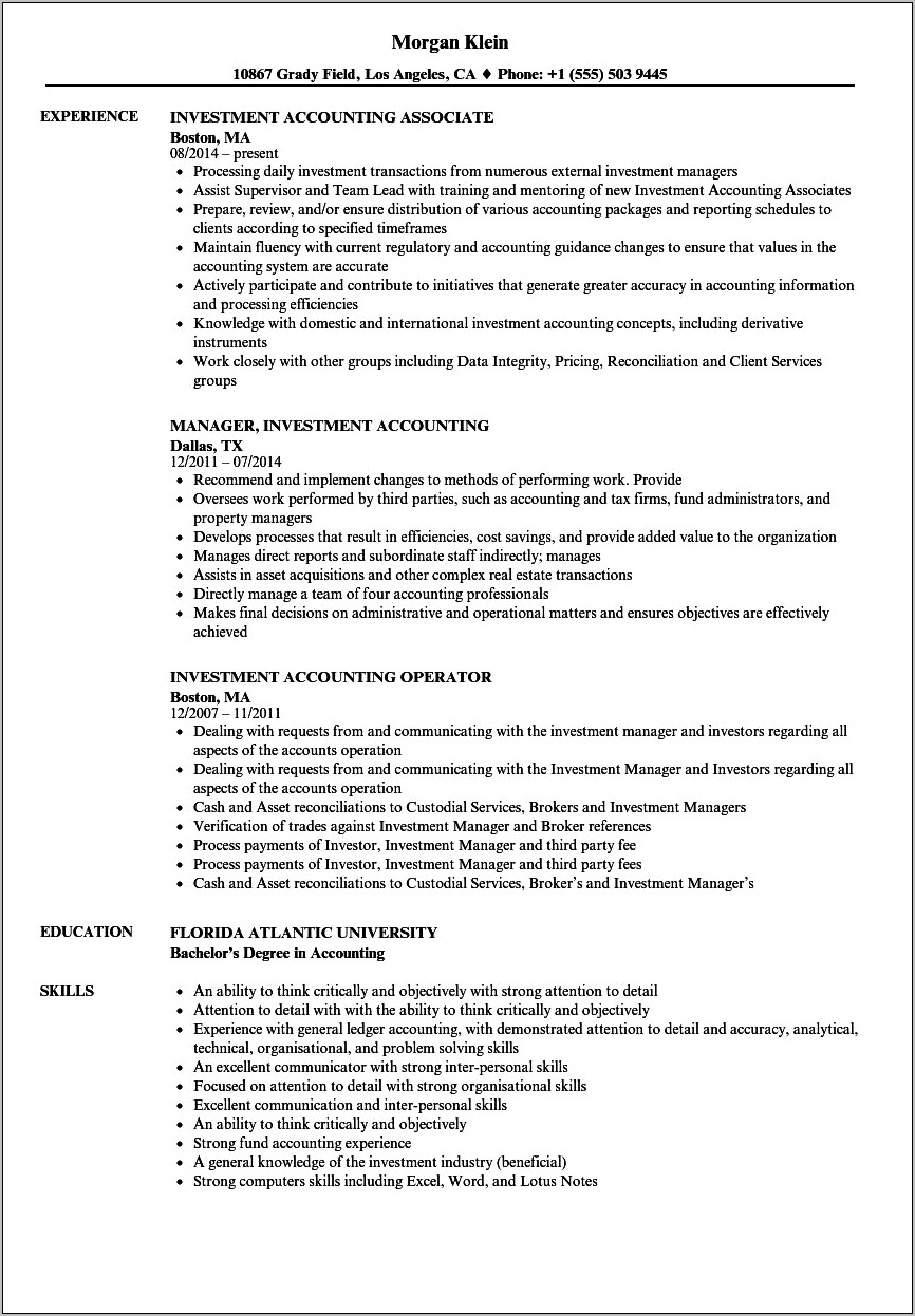 Job Functions Of An Investment Accountant Lead Resume