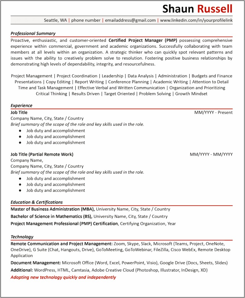 Job In A New State Resume