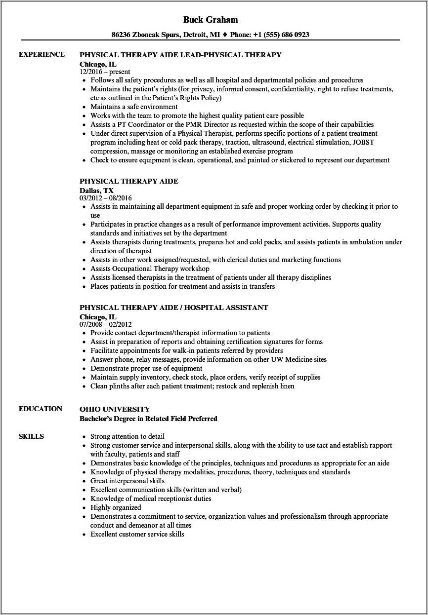 Job Objective For Resume Physical Therapist Aide
