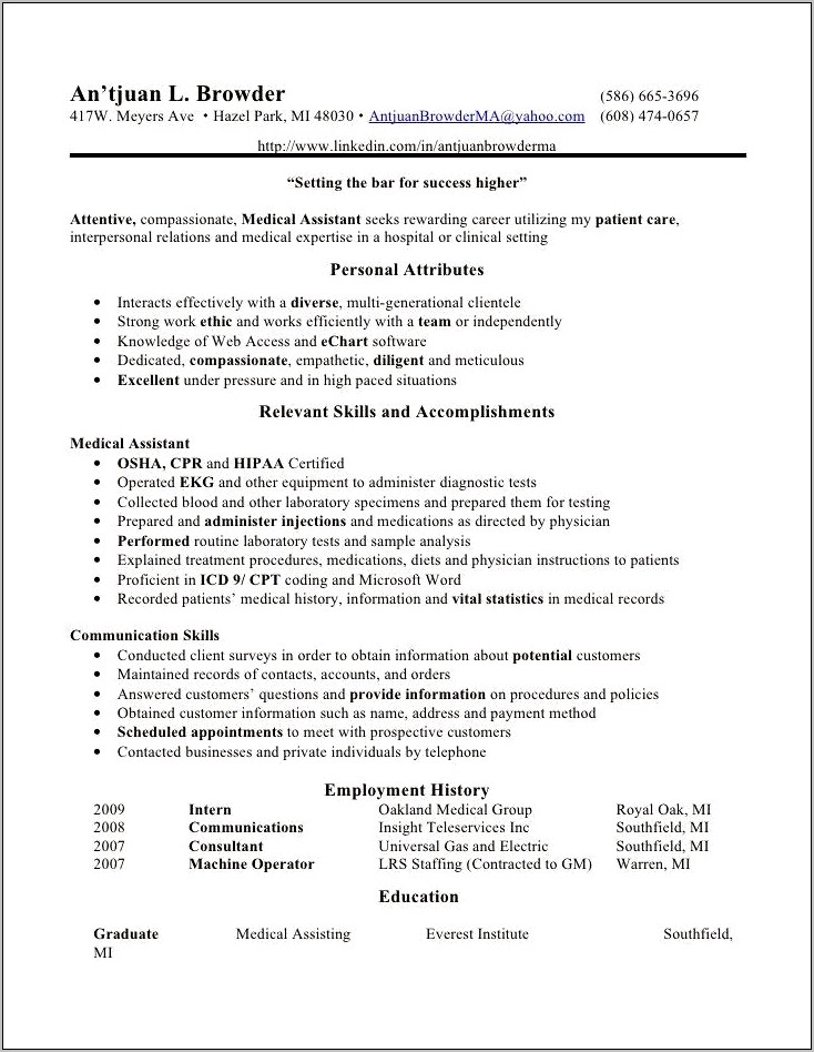 Job Objective Resume For Medical Assistant