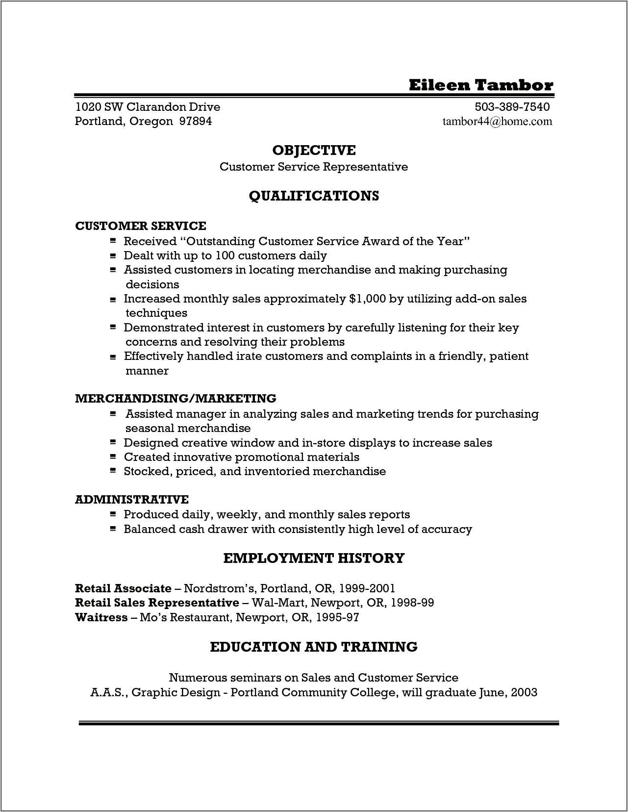 Job Responsibilities Of A Waitress For Resume