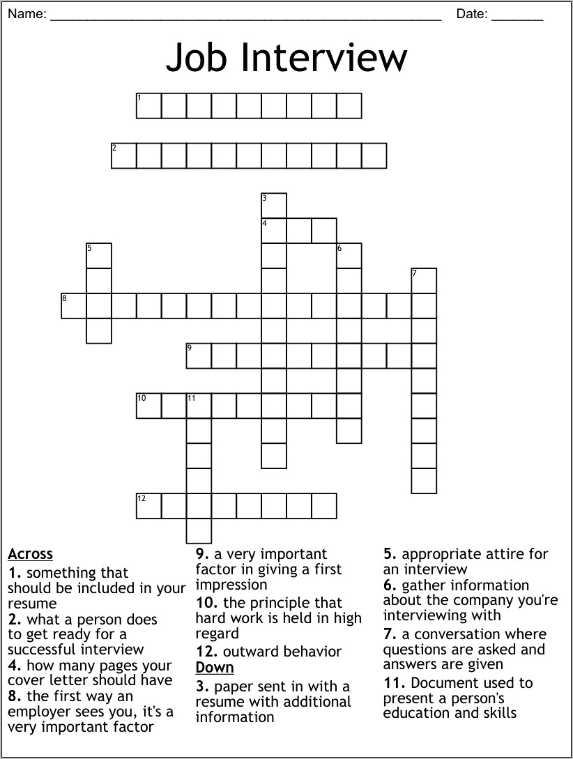 Job Resume Crossword Puzzle Answers