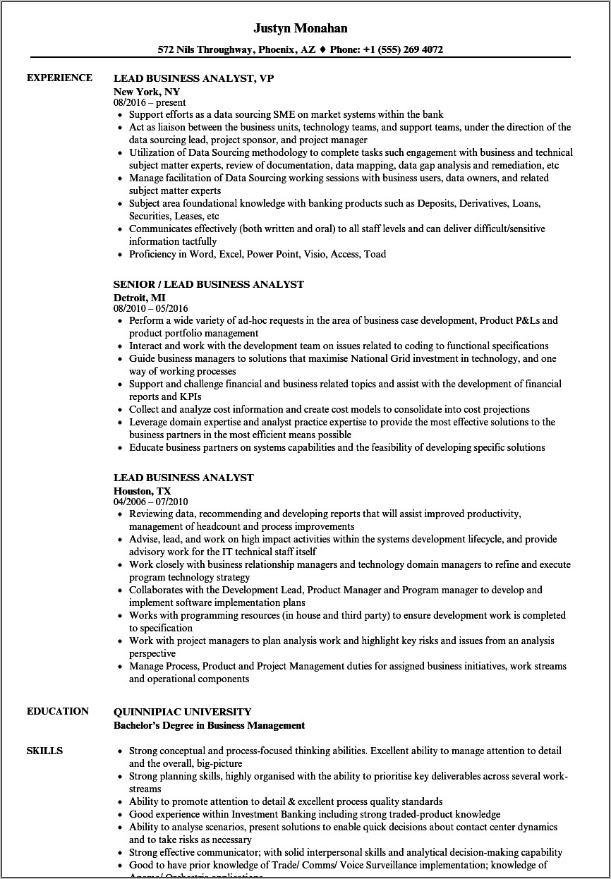 Job Summary For Business Analyst Resume