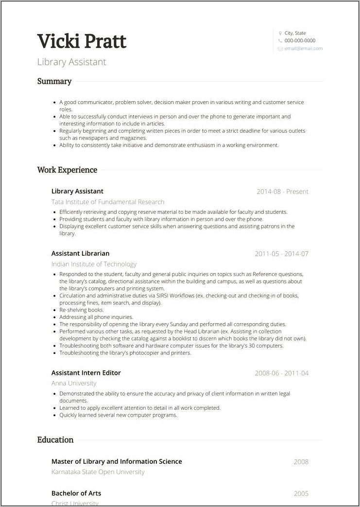 Job Summary For Library Assistant Resume