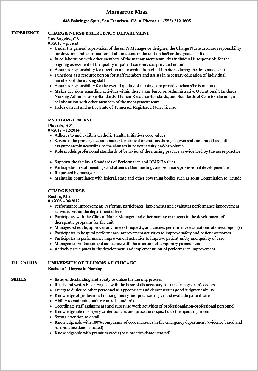 Jobs Of A Charge Nurse For A Resume