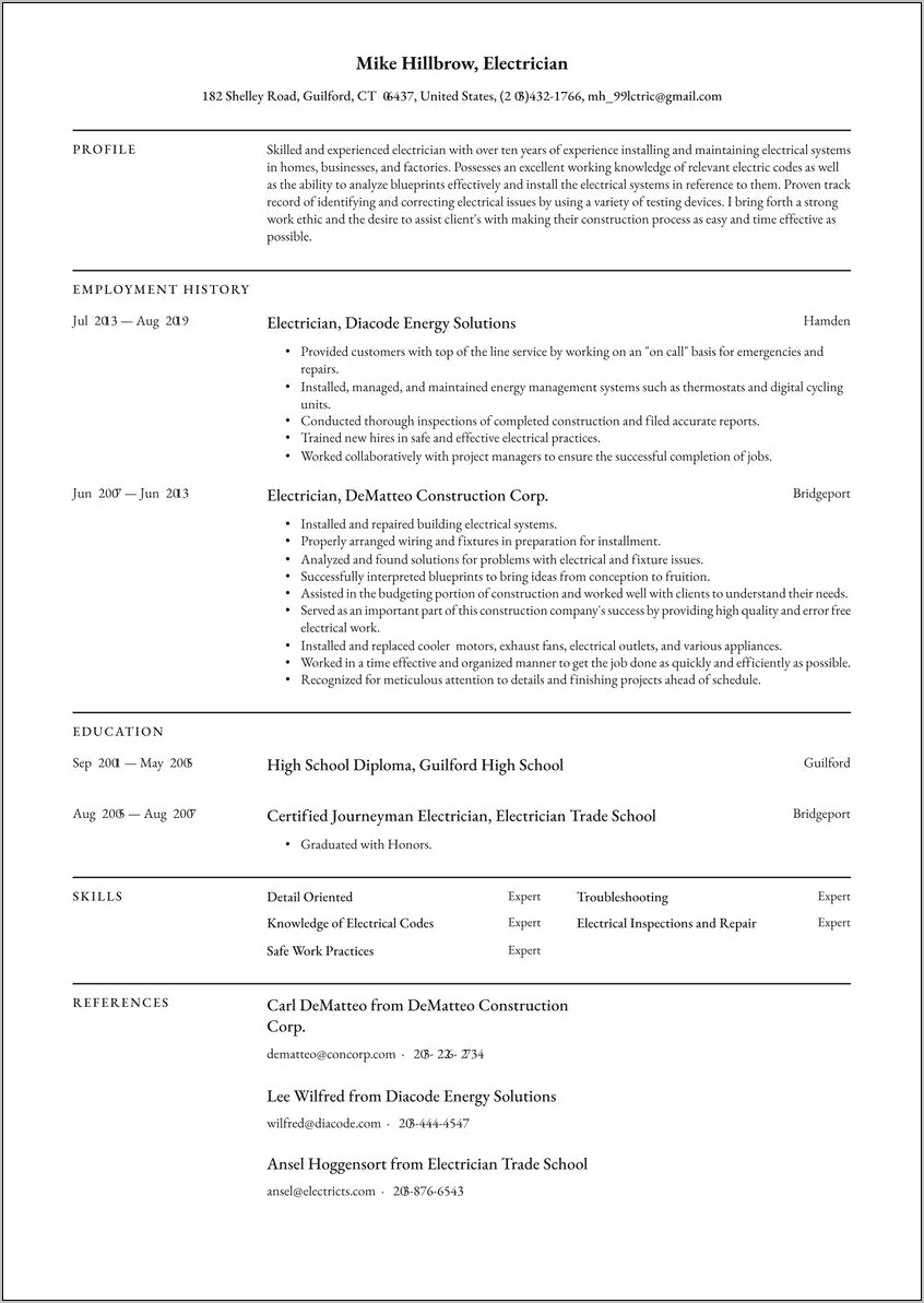 Journeyman Electrician Job Description For Resume