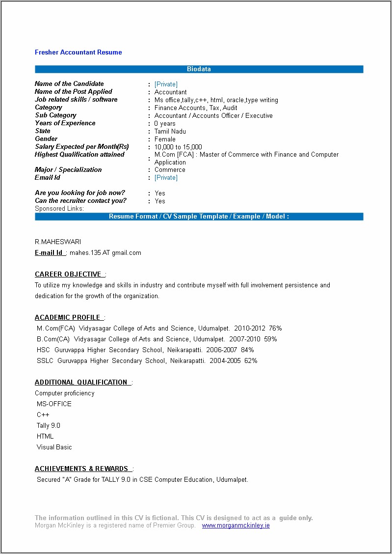 Junior Accountant Resume In Word Format For Fresher