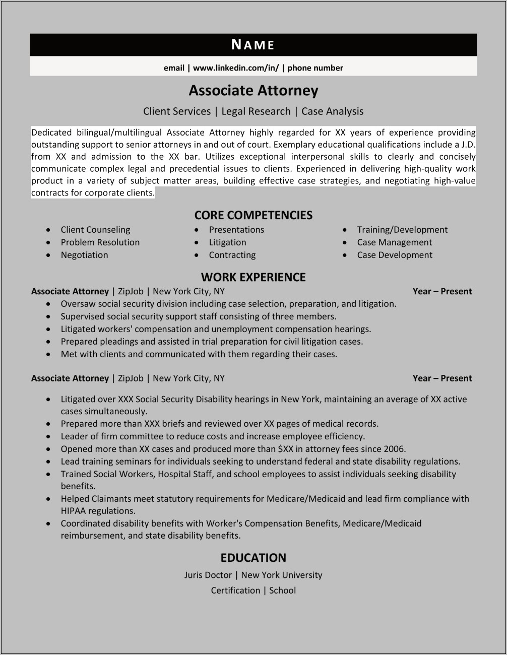 Junior Associate Big Law Sample Resume