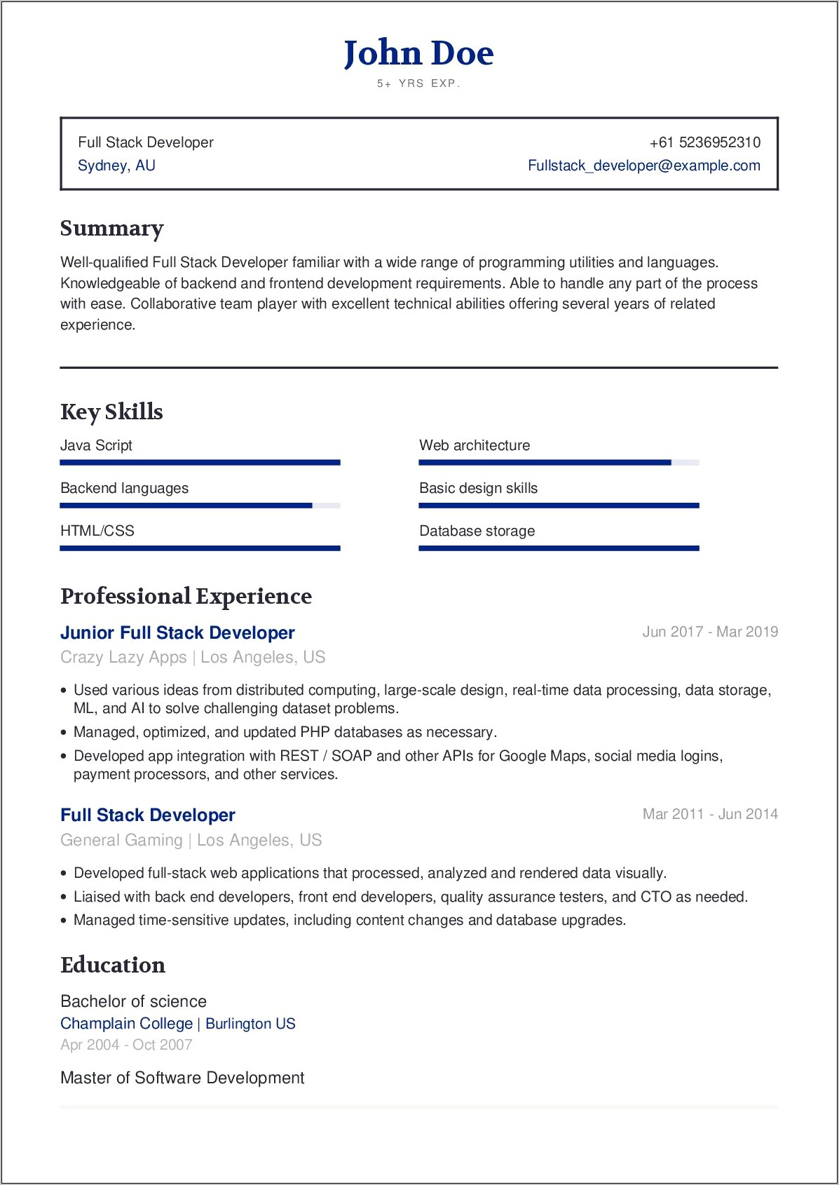 Junior Full Stack Developer Resume Example