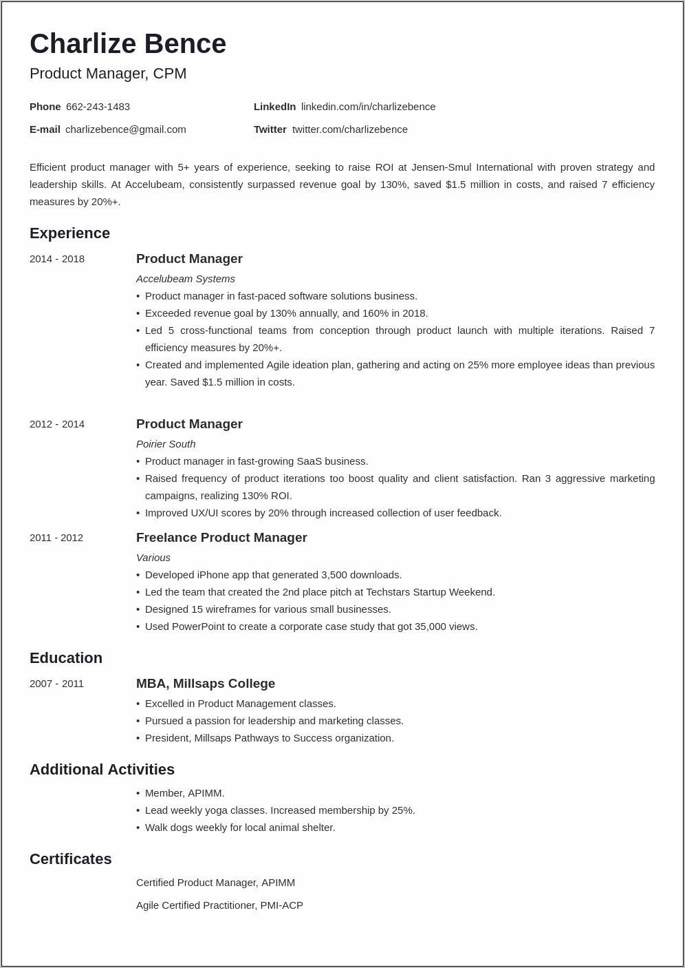 Junior Product Manager Resume Sample