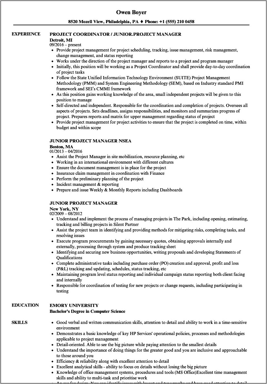 Junior Project Manager In Construction Resume Examples