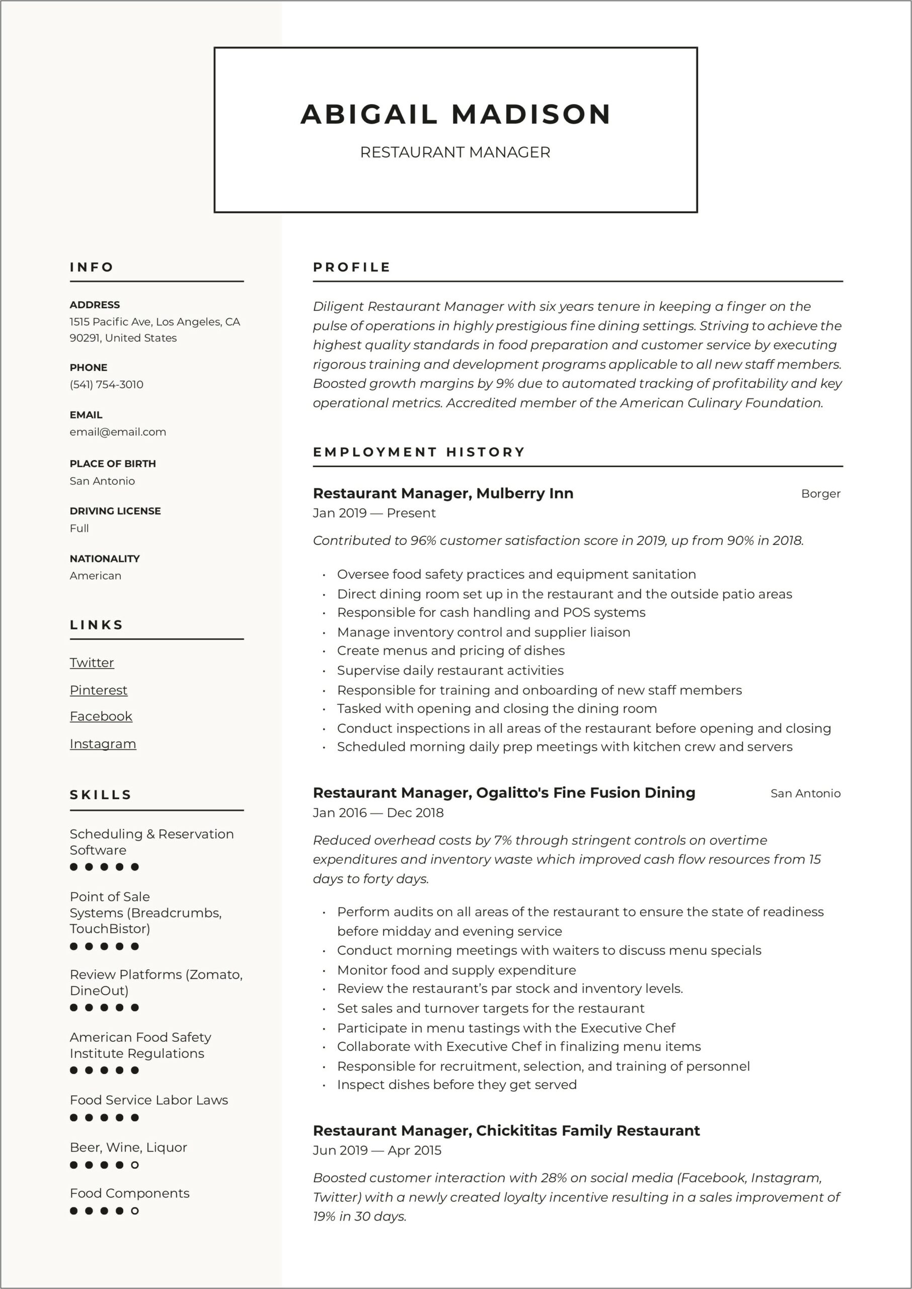 Key Competency For Resturant Manager Resume