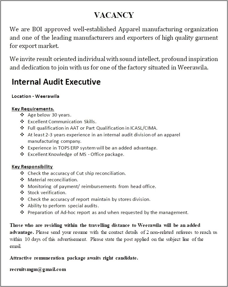 Key Individual Skills For Resume Internal Audit