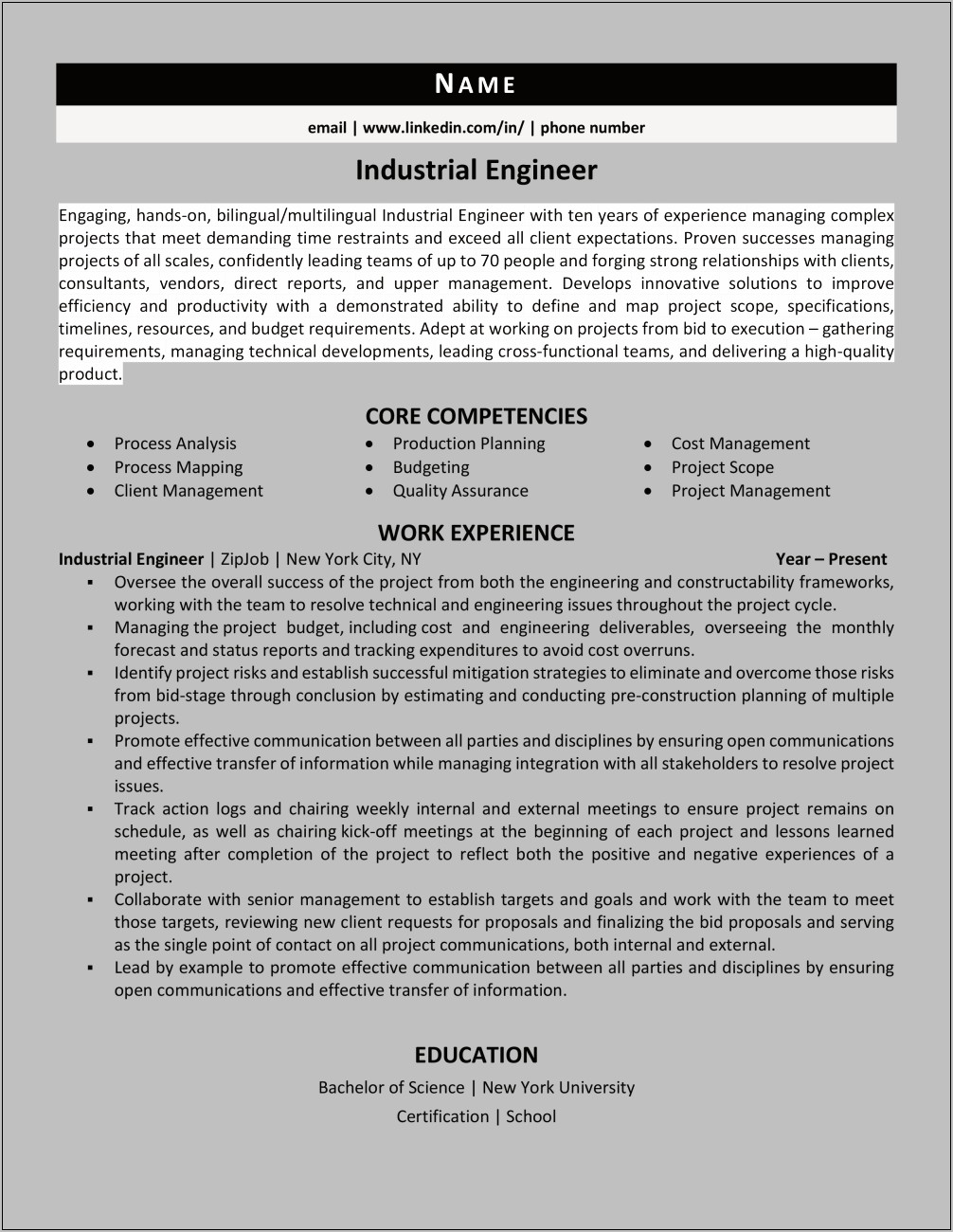 Key Skills Resume Industrial Engineering