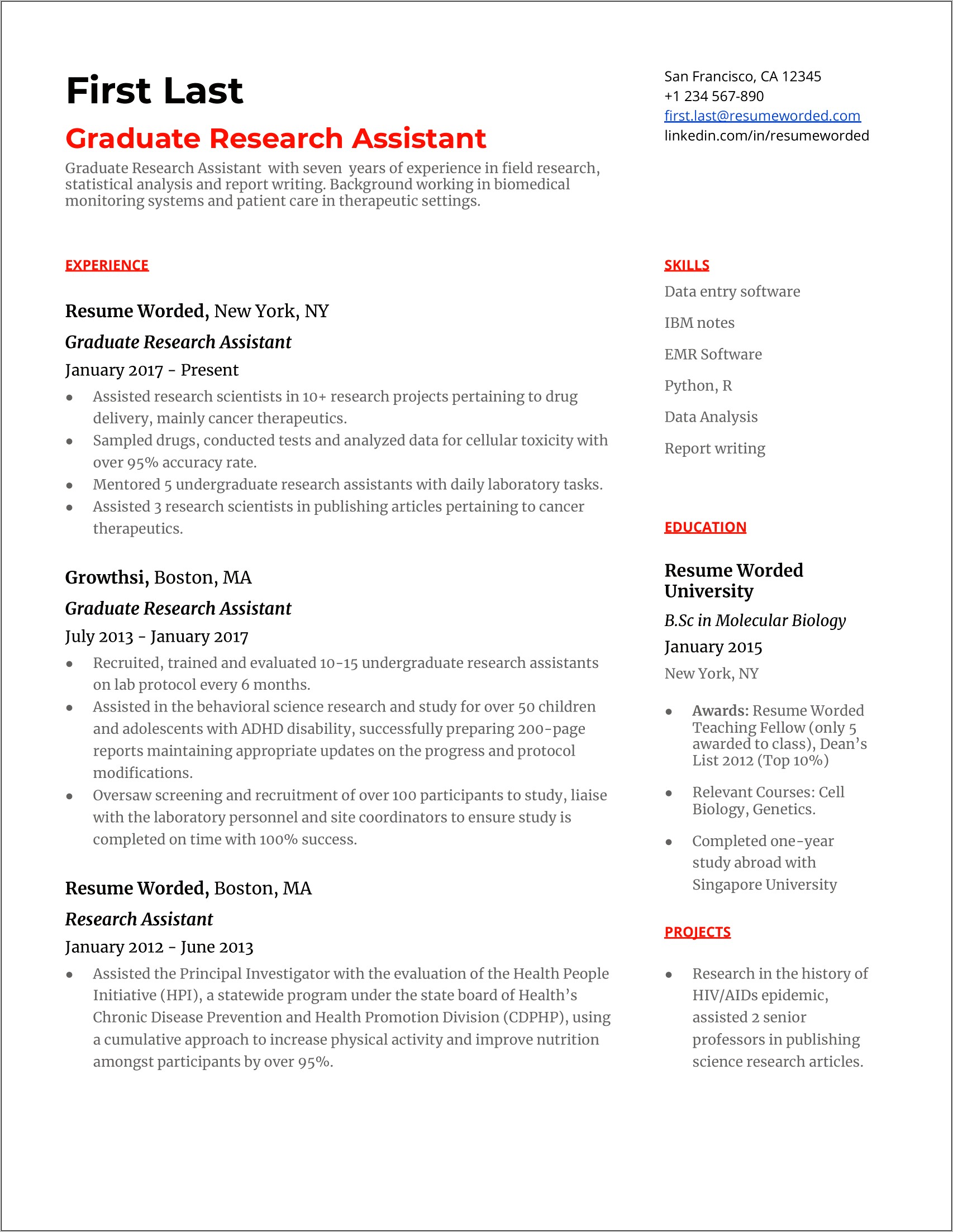 Lab & Field Research Assistant Skills Resume