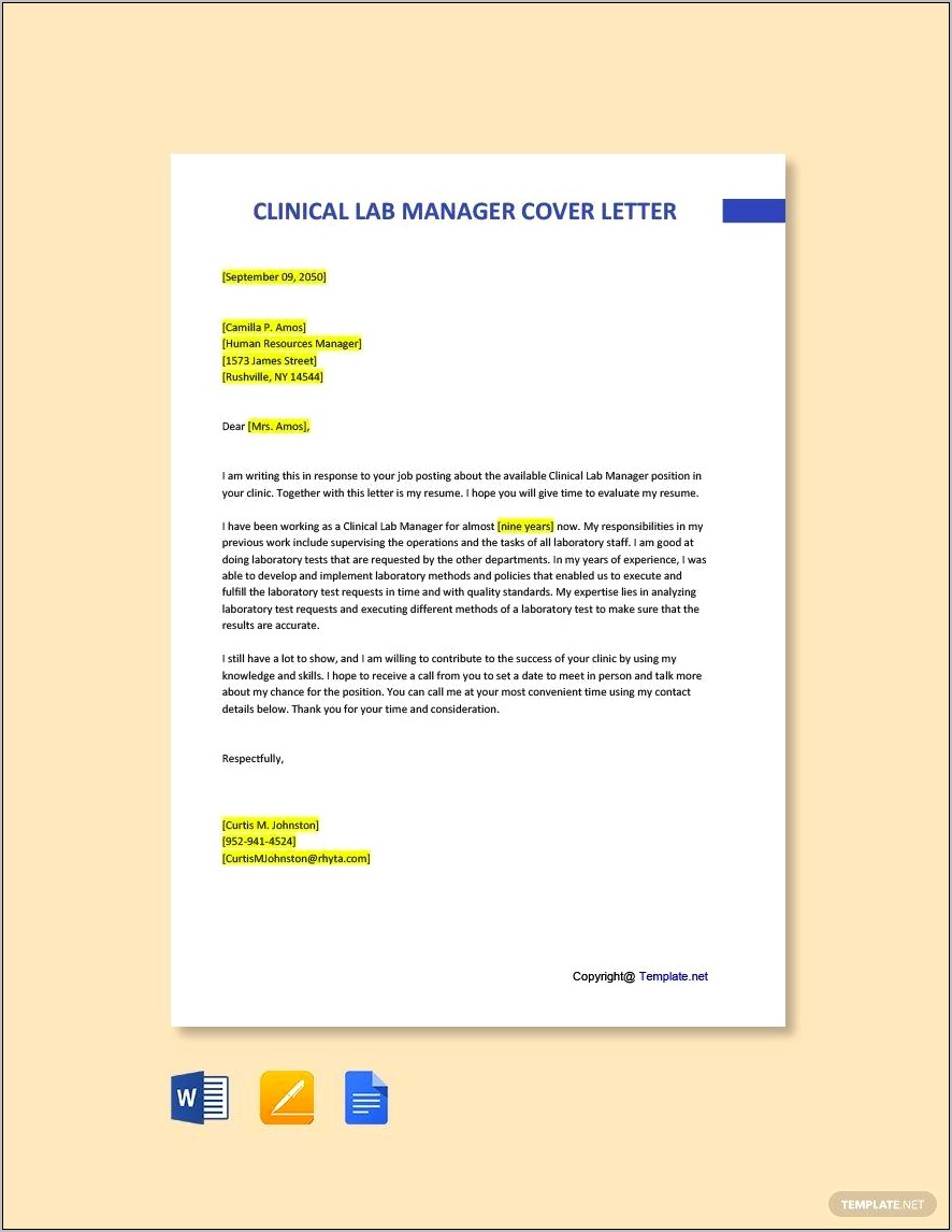 Lab Manager Resume Cover Letter