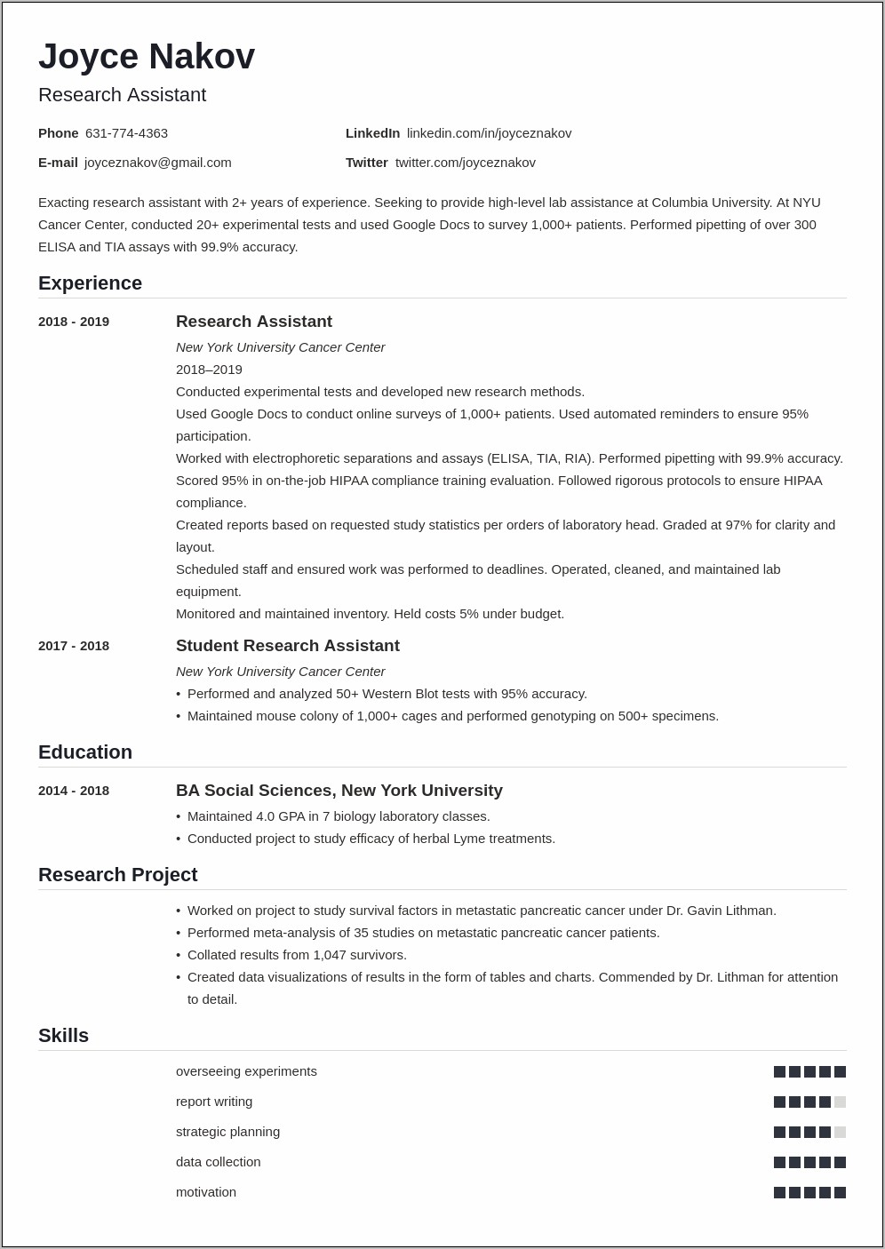 Lab Skills From Classes On Resume