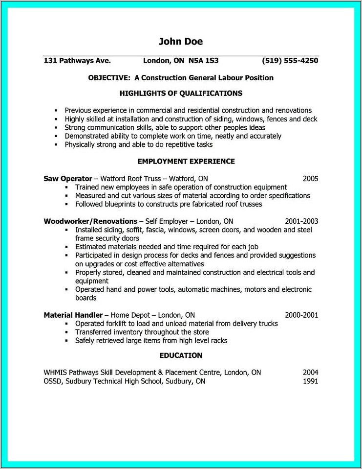 Labor Work Construction Resume Examples English