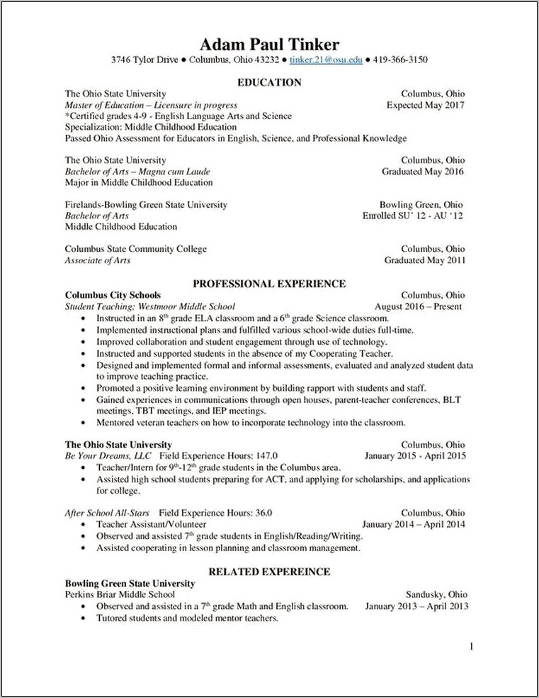 Language Arts Experience On A Resume