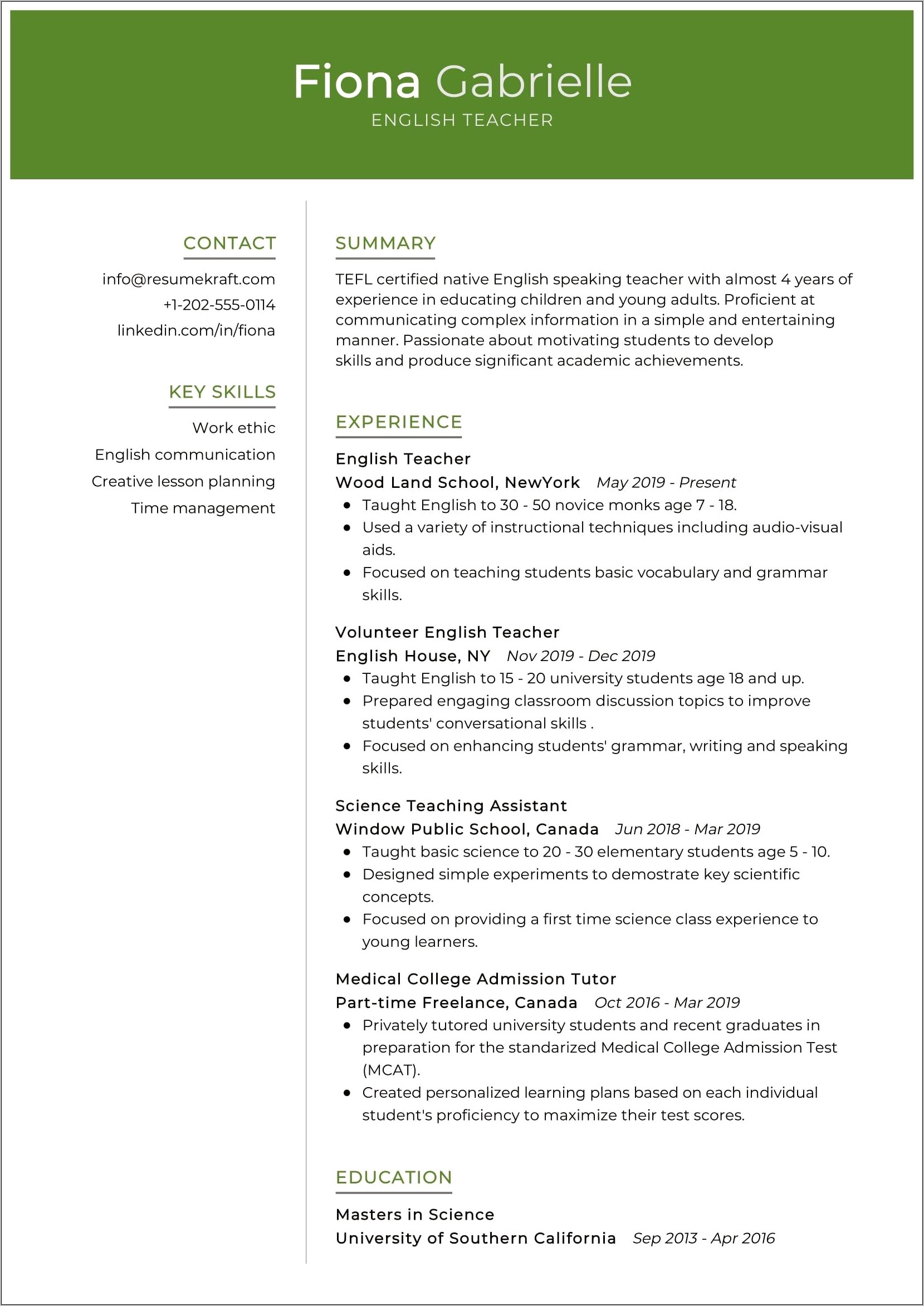 Language Teacher Job Description Resume
