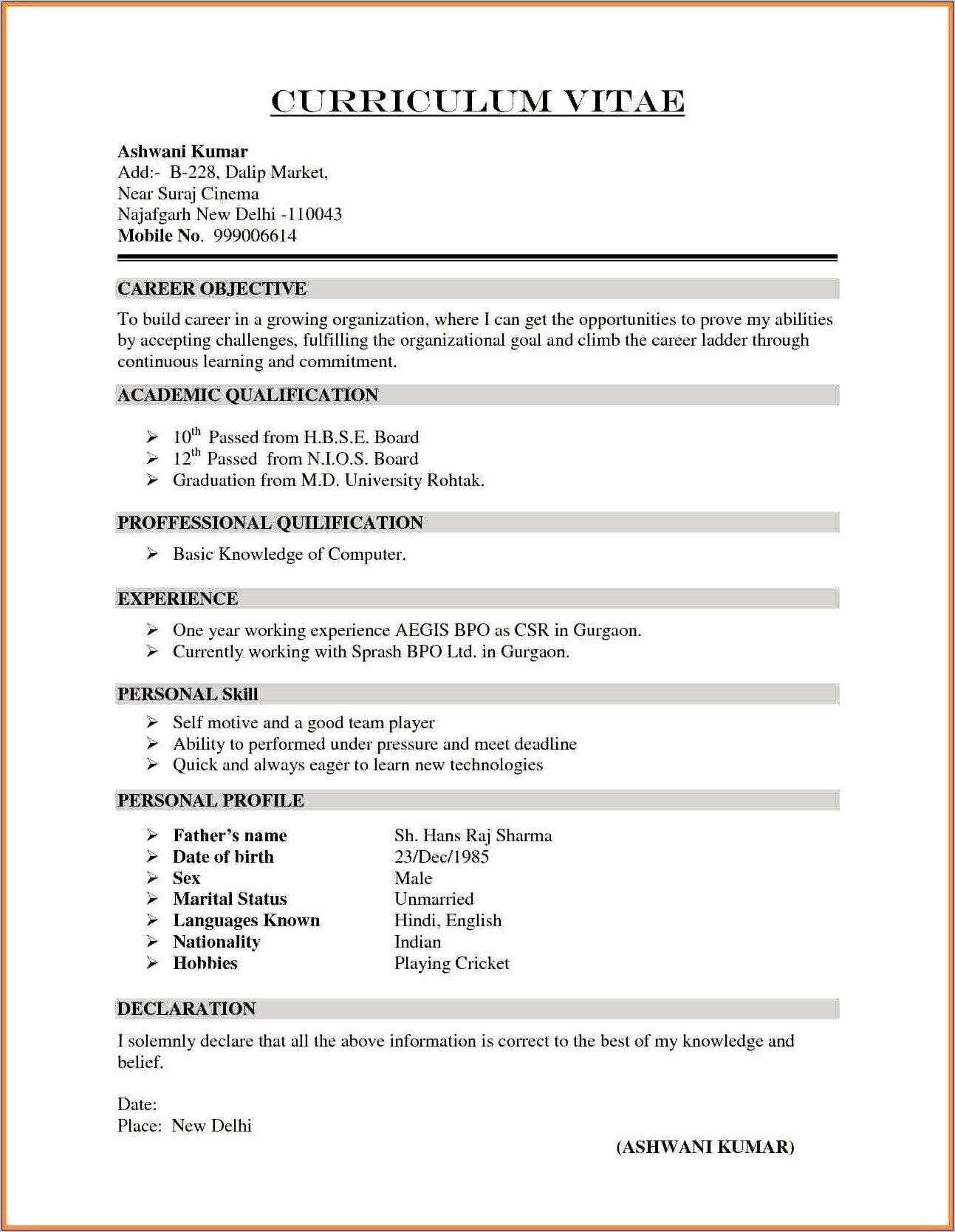 Latest Resume Format For Bpo Jobs
