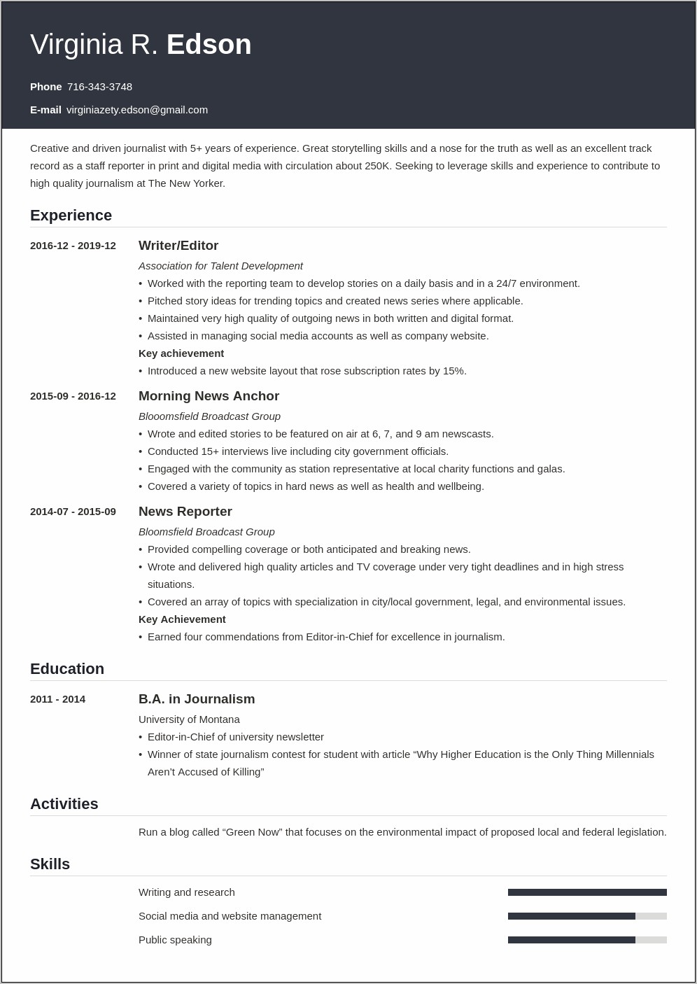 Latest Resume Format For Media Jobs