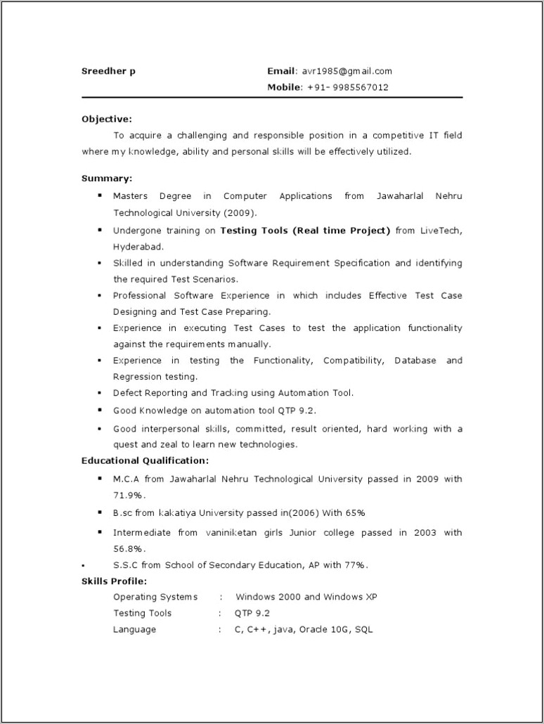 Latest Testing Sample Resume For Experienced