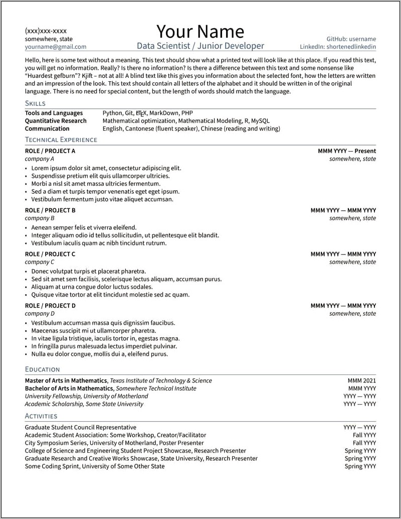 Latex Computer Science Resume Template For Undergraduate Students