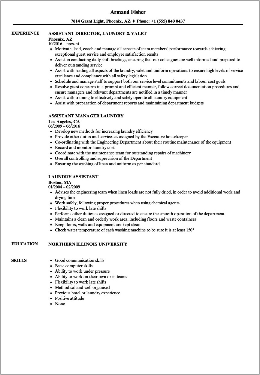Laundry Assistant Resume With No Experience