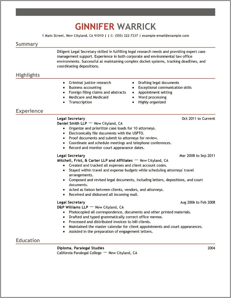 Law Firm Legal Assistant Resume Samples