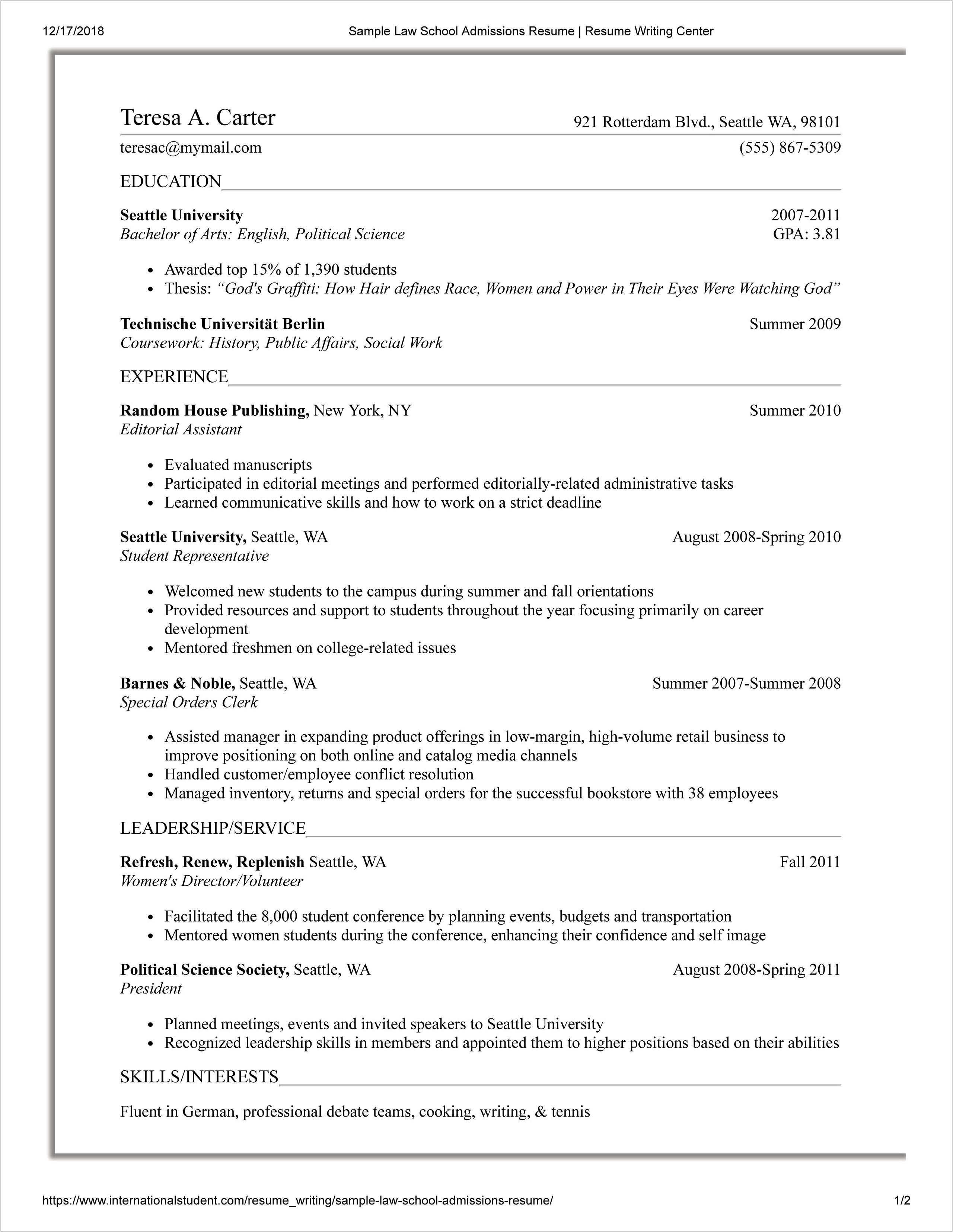Law School Application Resume Cover Letter