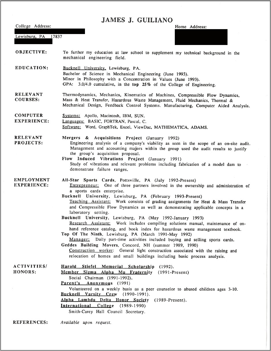 Law School Resume Out Of School