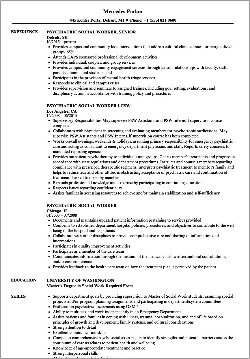 Lcsw List Of Skills For Resume