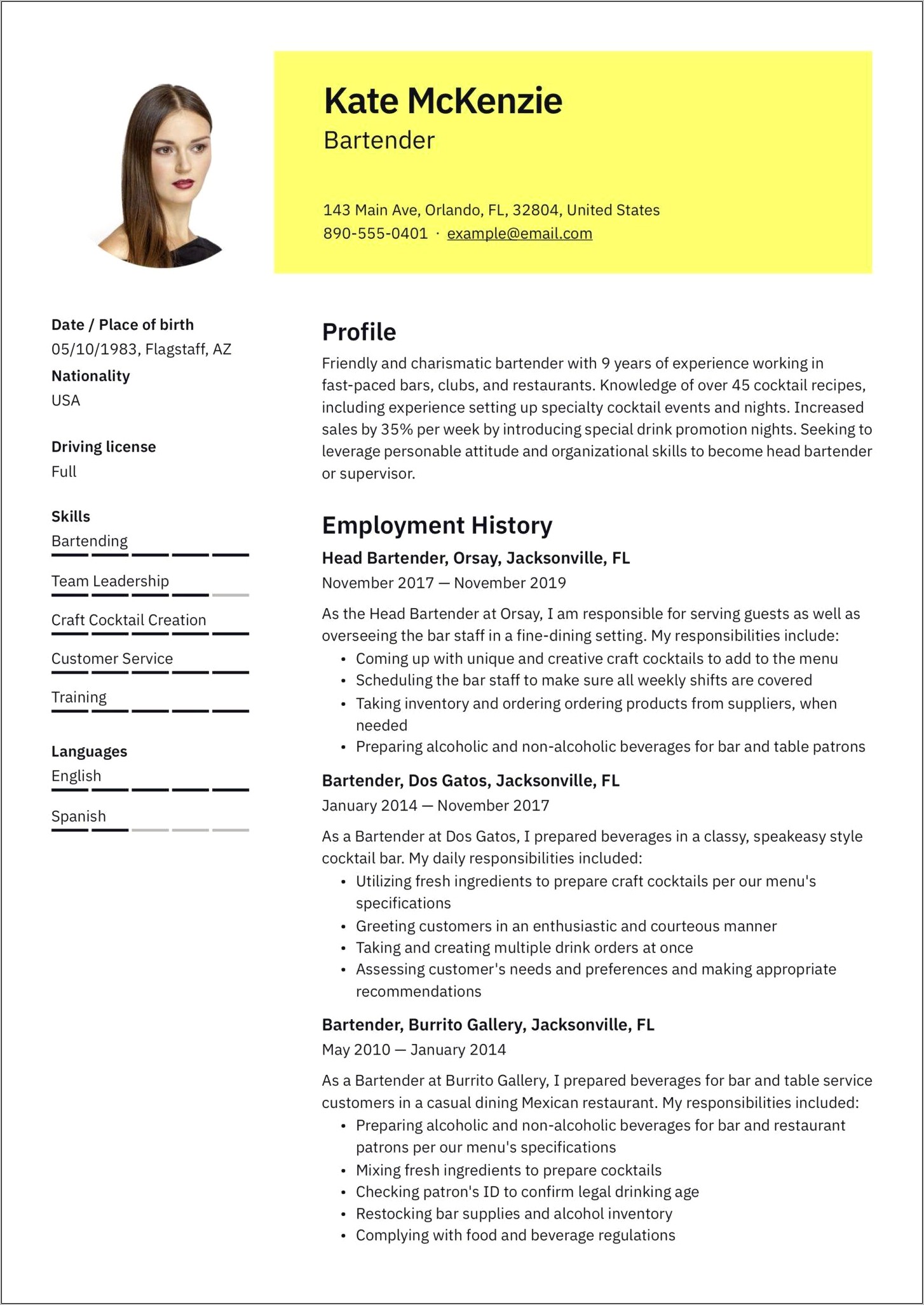 Lead Bartender Job Description For Resume
