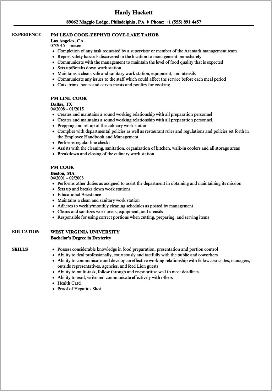 Lead Cook Job Description For Resume
