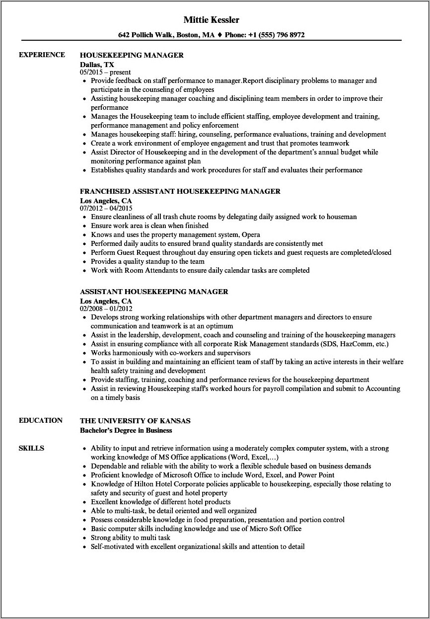 Lead Housekeeping Supervisor Job Description For Resume