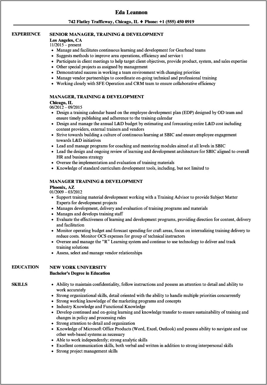 Learning And Development Resume Objective Examples