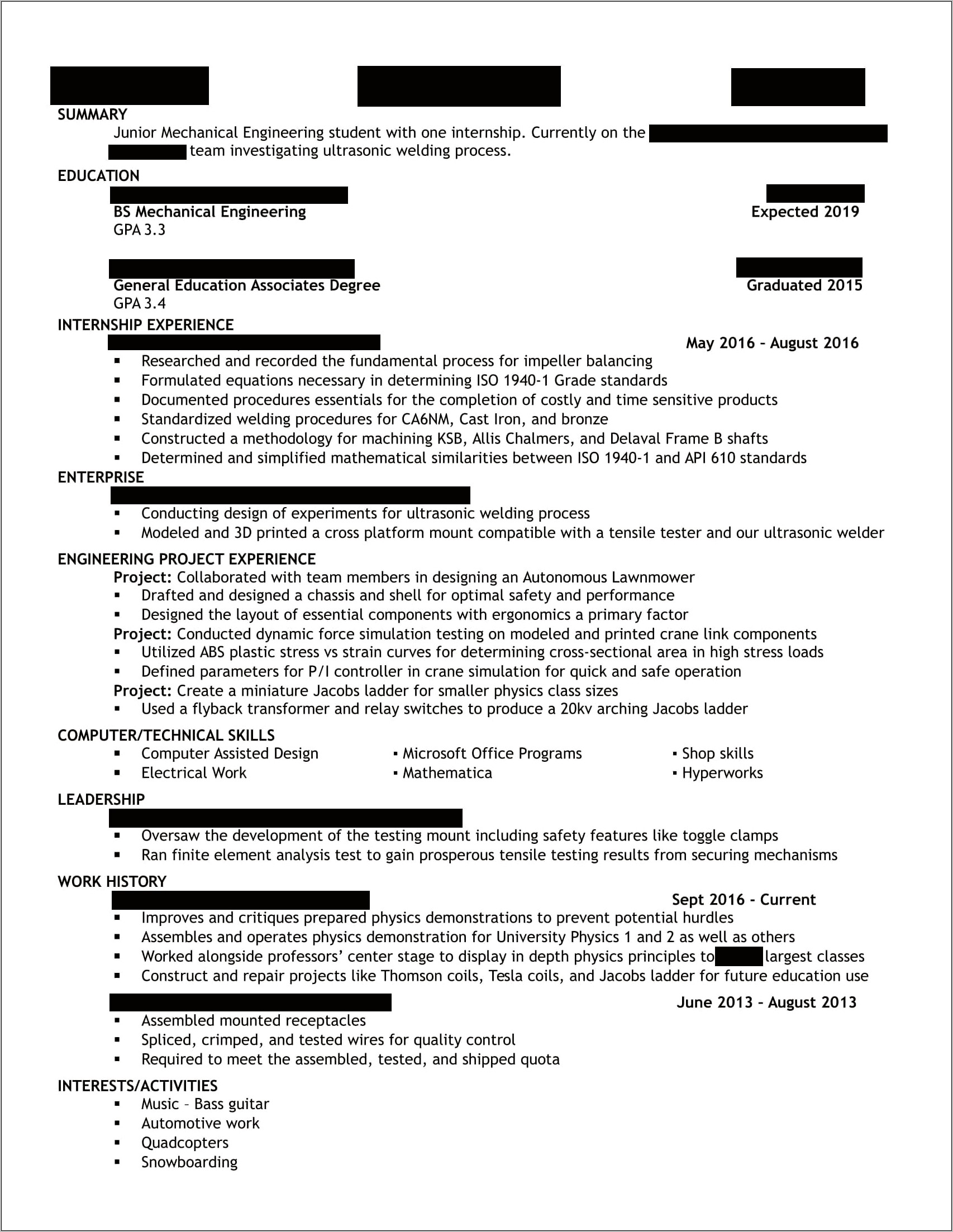 Learning Objective For A Mechanical Engineer Internship Resume