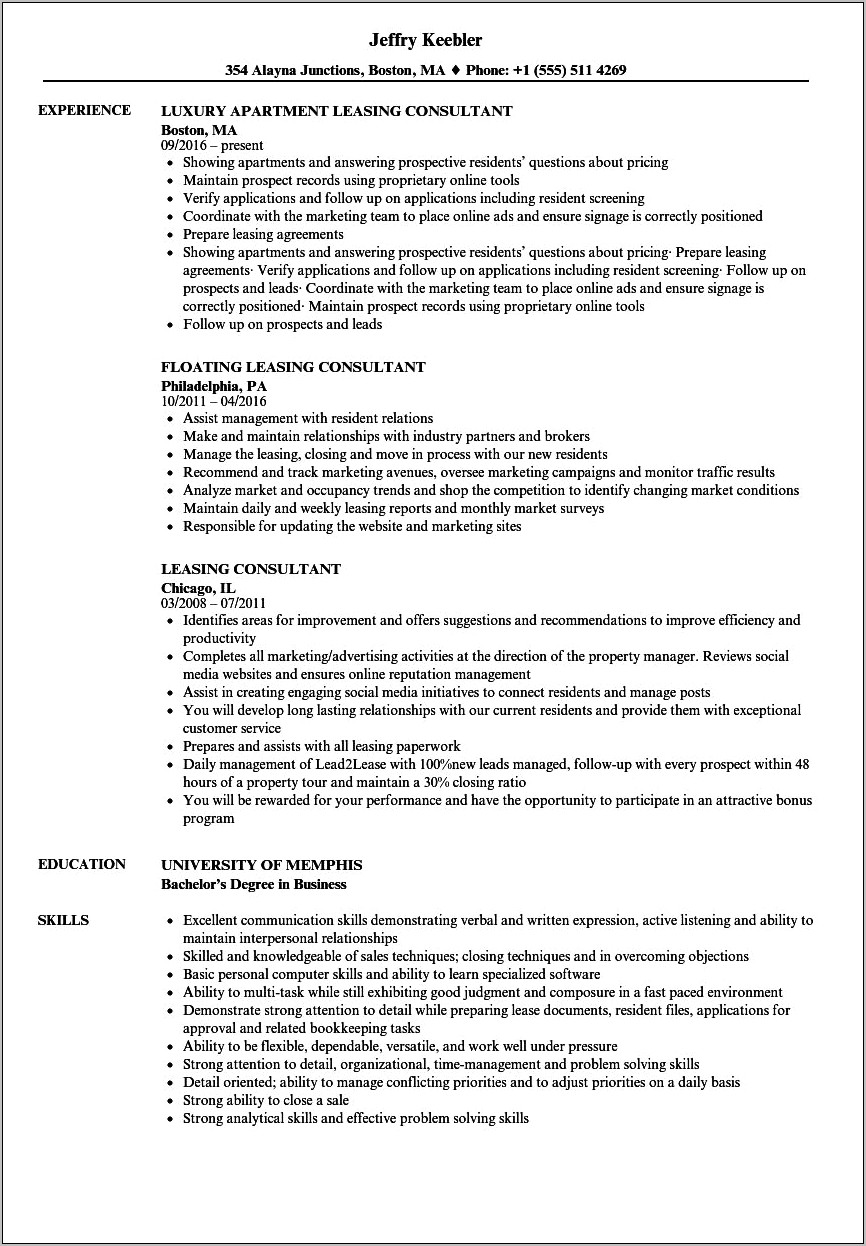 Leasing Professional Job Description For Resume