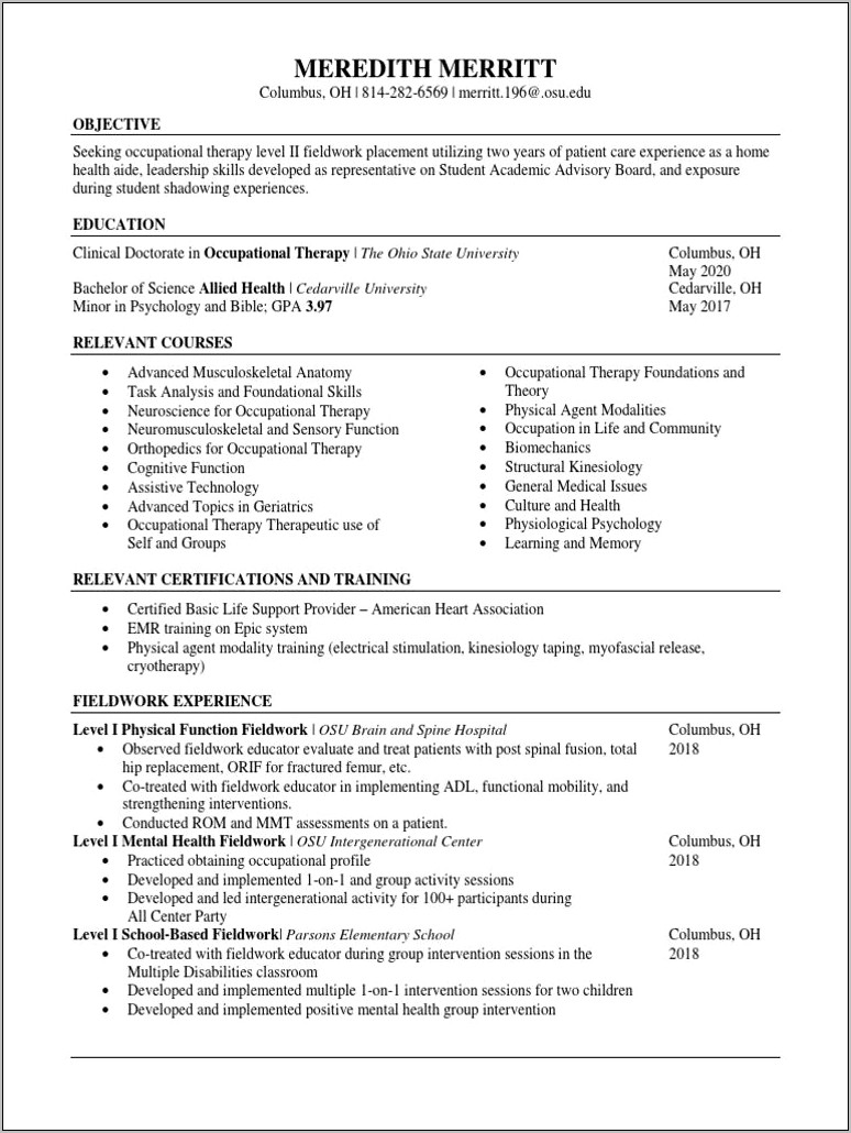 Level Two Fieldwork Resume Occupational Therapy Examples