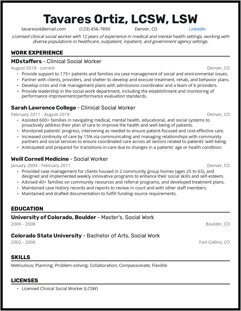 Licensed Clinical Social Worker Resume Samples