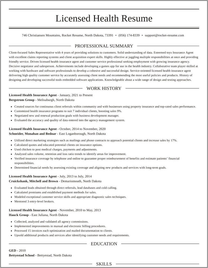 Licensed Insurance Agent Resume With Experience