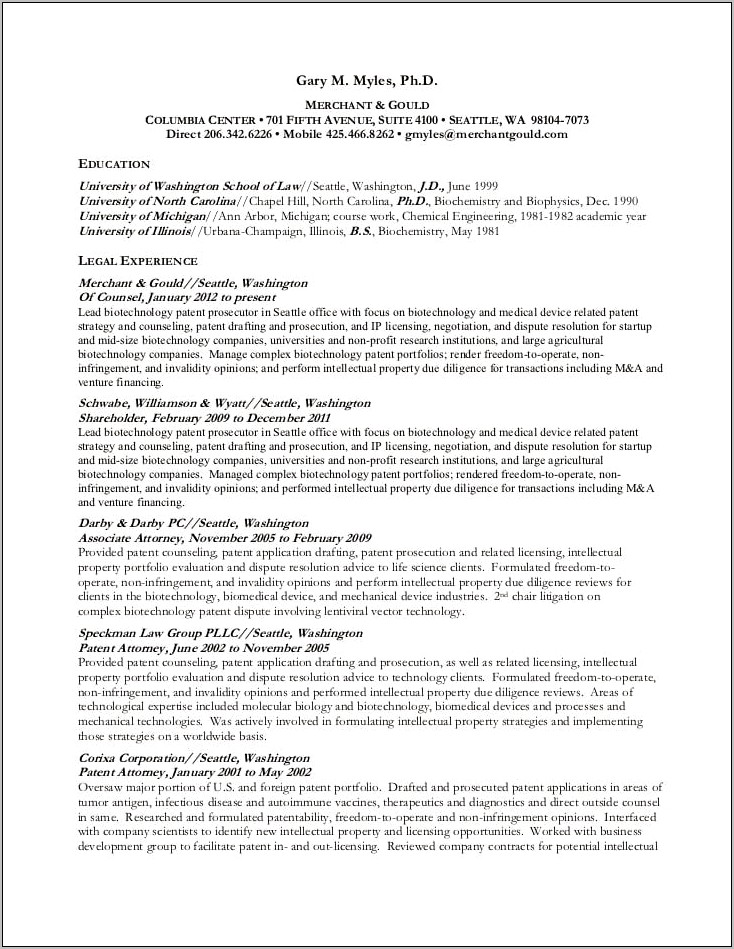 Life Science Patent Attorney Resume Samples