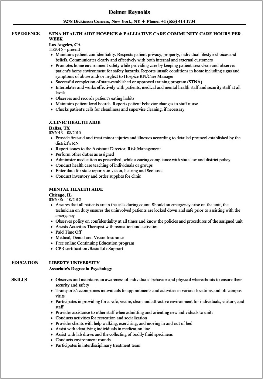 Lincoln Center Adult Day Care Aide Resume Example