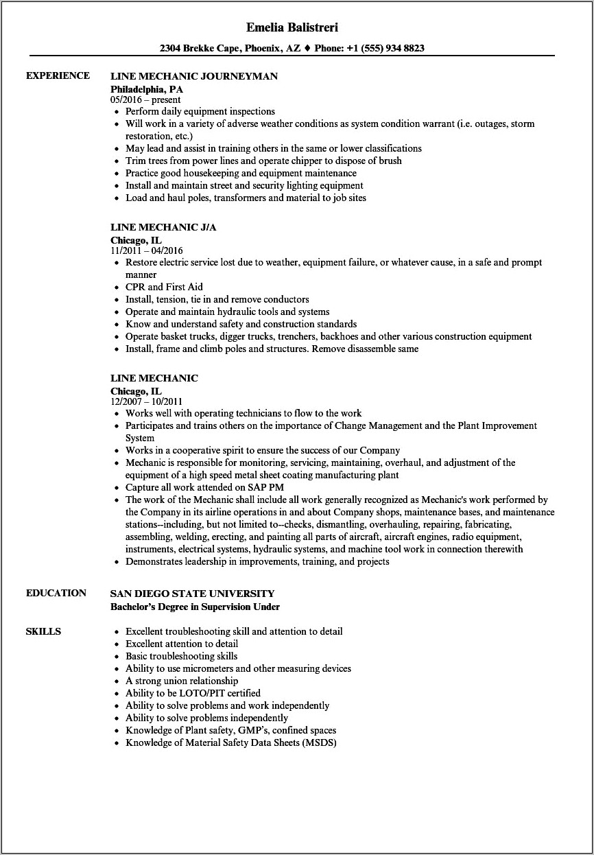 Line Service Technician Job Description Resume