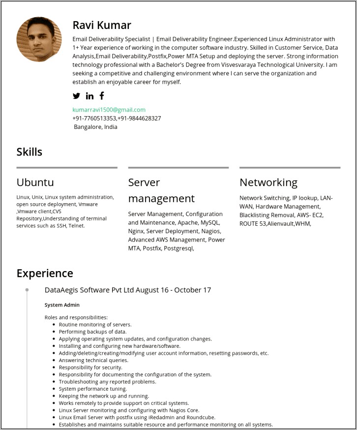 Linux Admin 2 Years Experience Resume