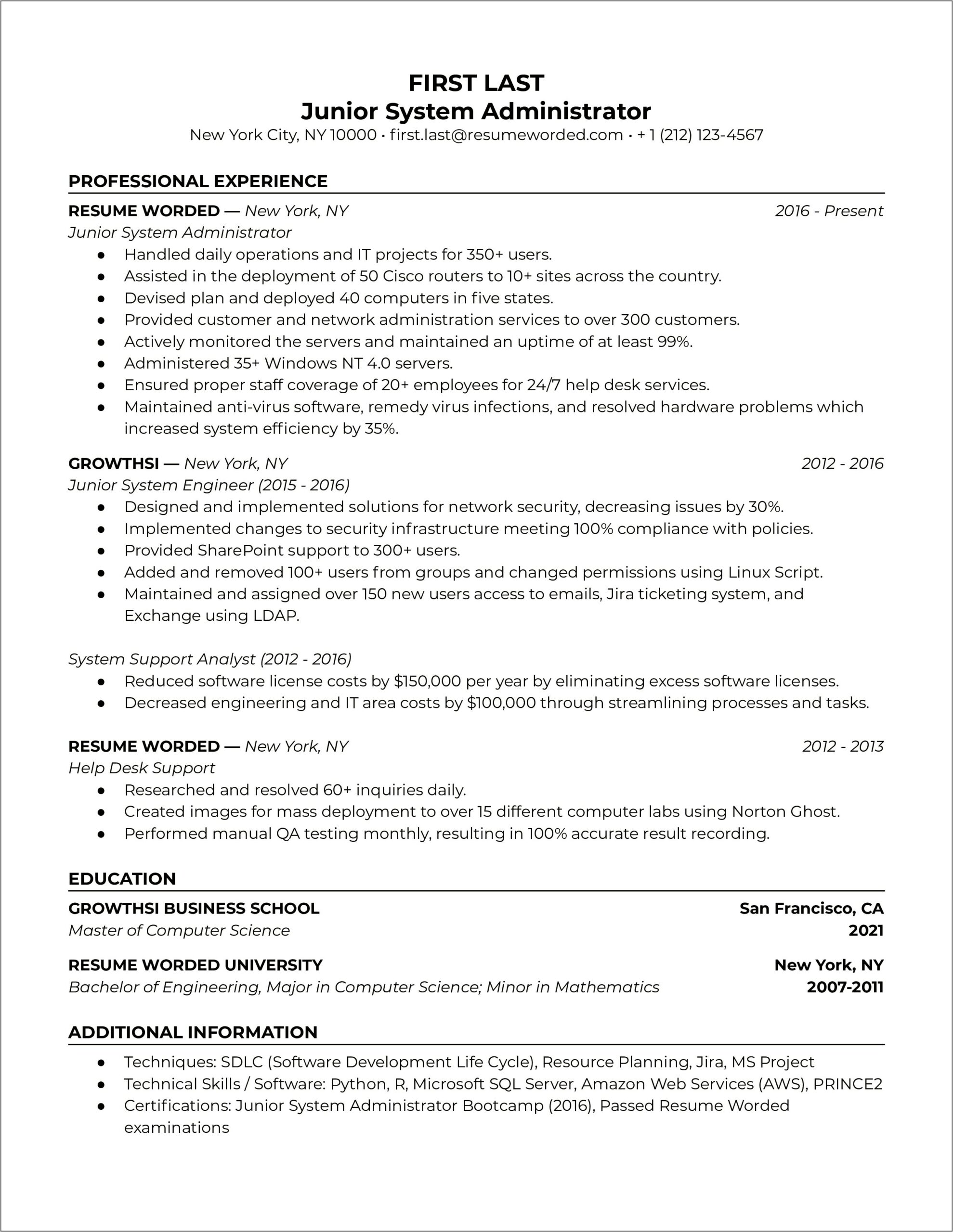 Linux Sys Administrator Resume Summary Sample