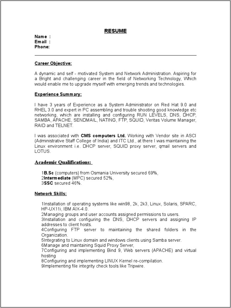 Linux System Administrator Sample Resume 4 Years Experience