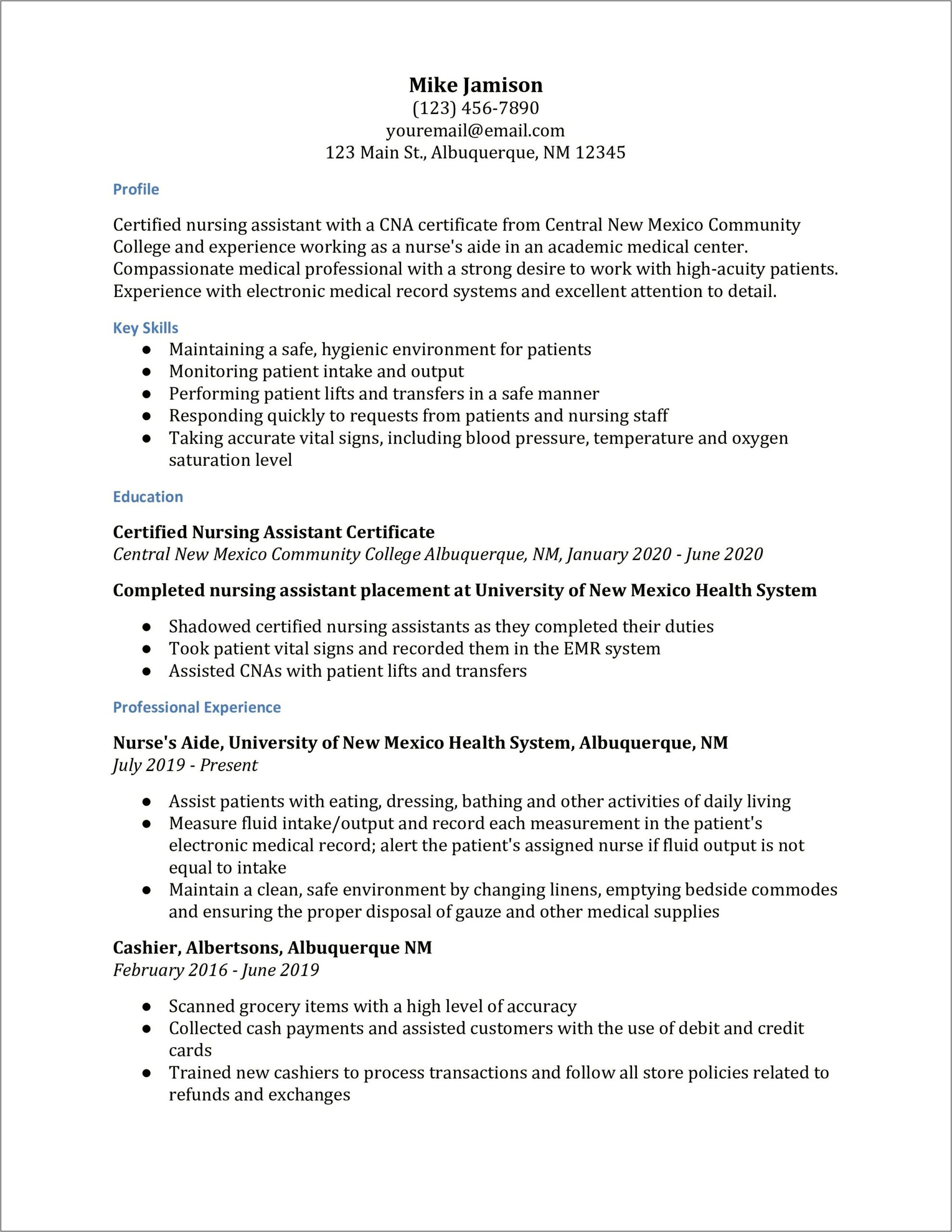 Lisenced Nursing Assistant Resume Job Description
